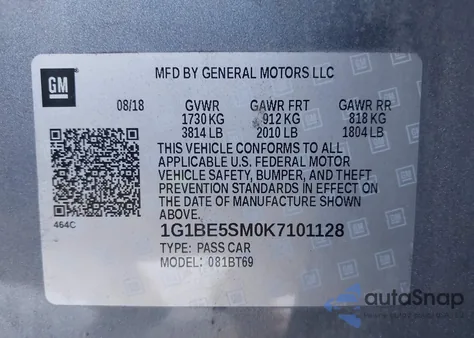 2019 Chevrolet Cruze Lt из США, поврежденный, VIN 1G1BE5SM0K7101128